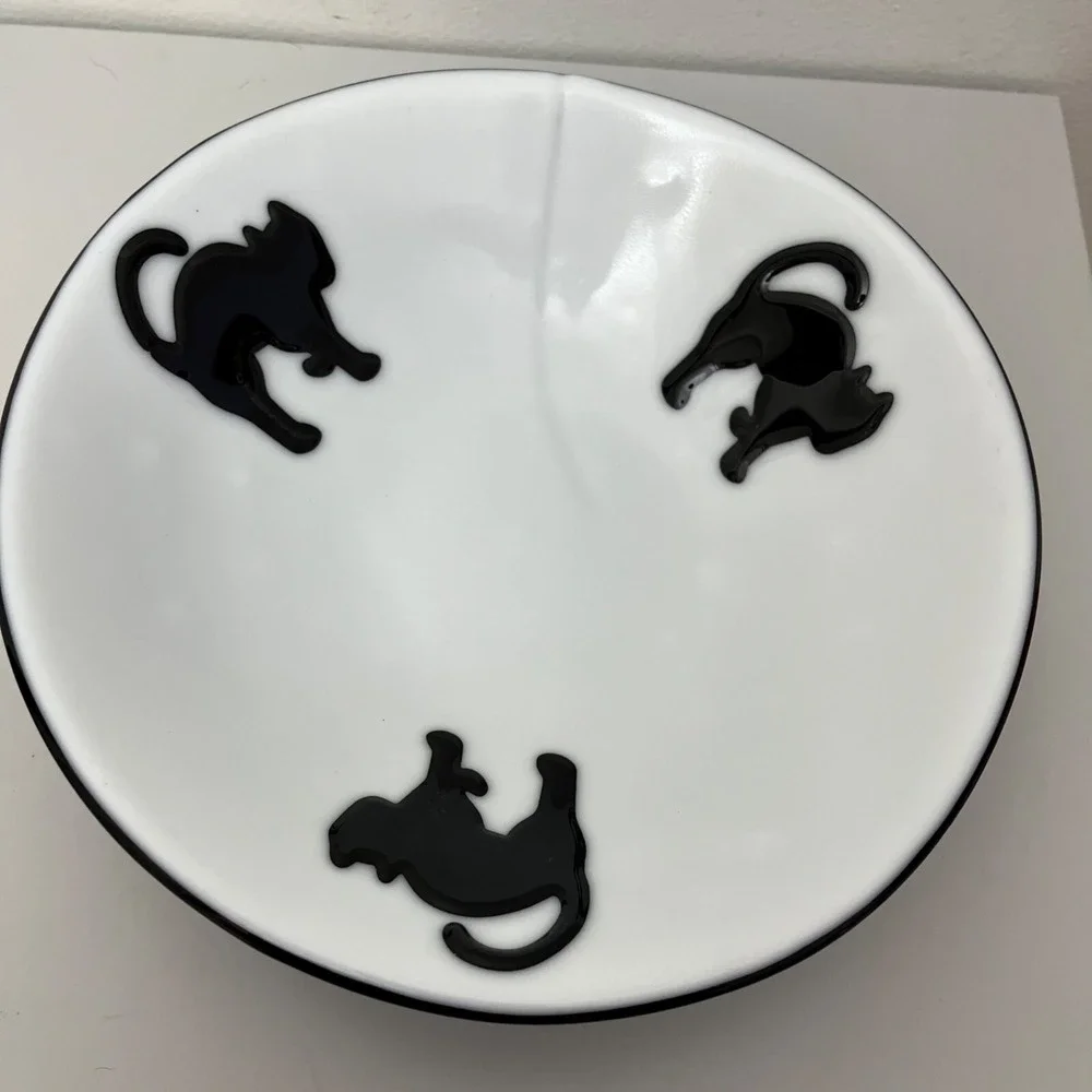 Fused Glass Bowl  White Black Vintage Cat Art Glass Decor